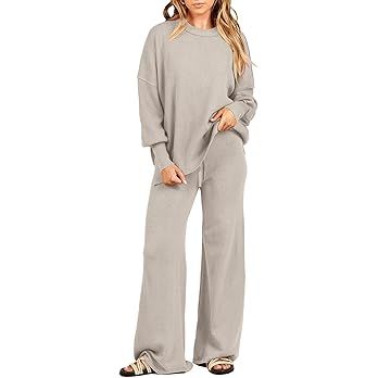 ANRABESS Women 2 Piece Outfits Oversized Chunky Knit Sweater Top Wide Leg Pants 2024 Fall Lounge ... | Amazon (US)