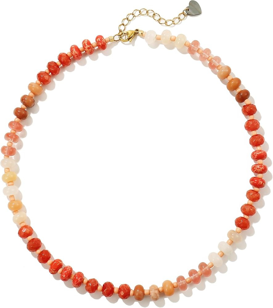 Colorful Gemstone Beaded Necklaces For Women Trendy Rainbow Natural Stone Boho Handmade Stainless... | Amazon (US)
