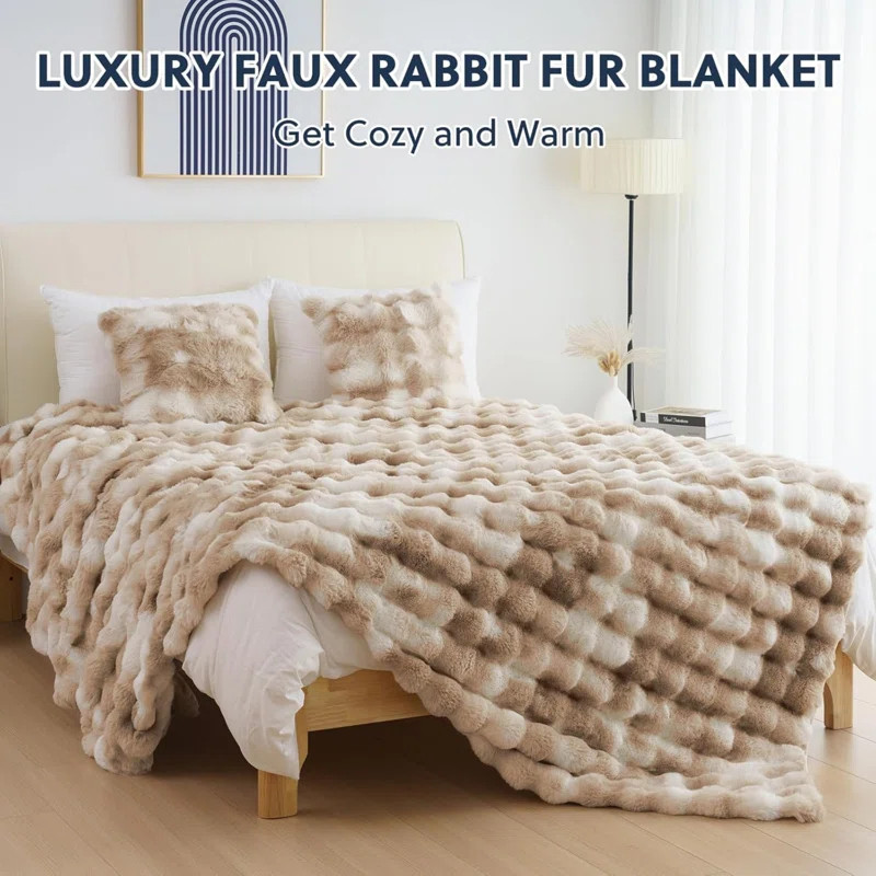 Cozy Warm Luxury Faux Fur Rabbit Throw Blanket, Knitted Soft Thick Furry Cute Plush Reversible Bl... | Wayfair North America