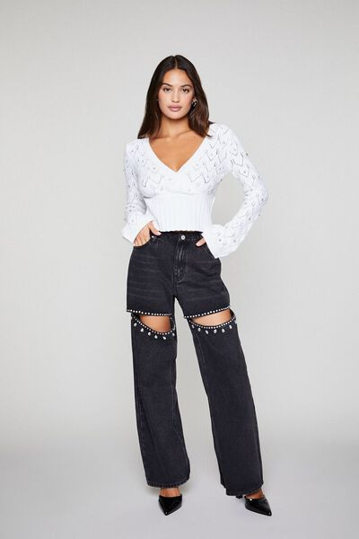 Rhinestone Cutout High-Rise Jeans | Forever 21