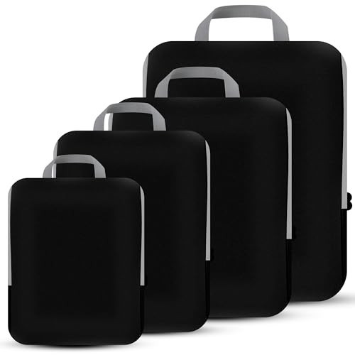 PANDA JOYS 4 Set Compression Packing Cubes Travel - Travel Accessories Expandable Packing Organizers for Carry On - Essentials Luggage Bags - Black | Amazon (US)