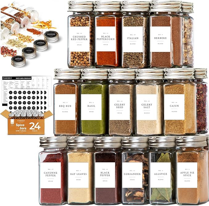 FINESSY Glass Spice Jars with Label 24 Pack Empty Bottles, 4oz Spice Containers with Labels, Glas... | Amazon (US)