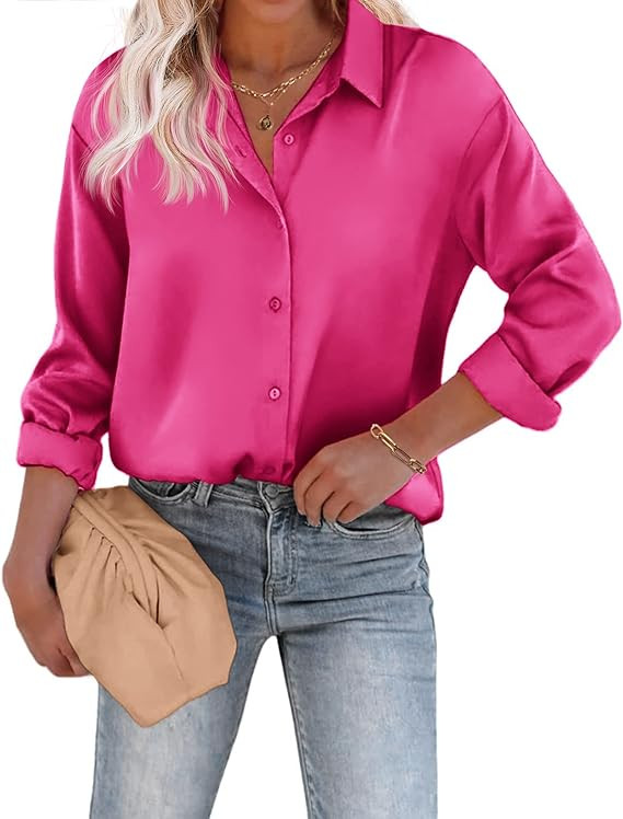 Chigant Women's Blouse Satin Silk Shirts Button Down Shirts Casual Loose Long Sleeve Office Work ... | Amazon (US)