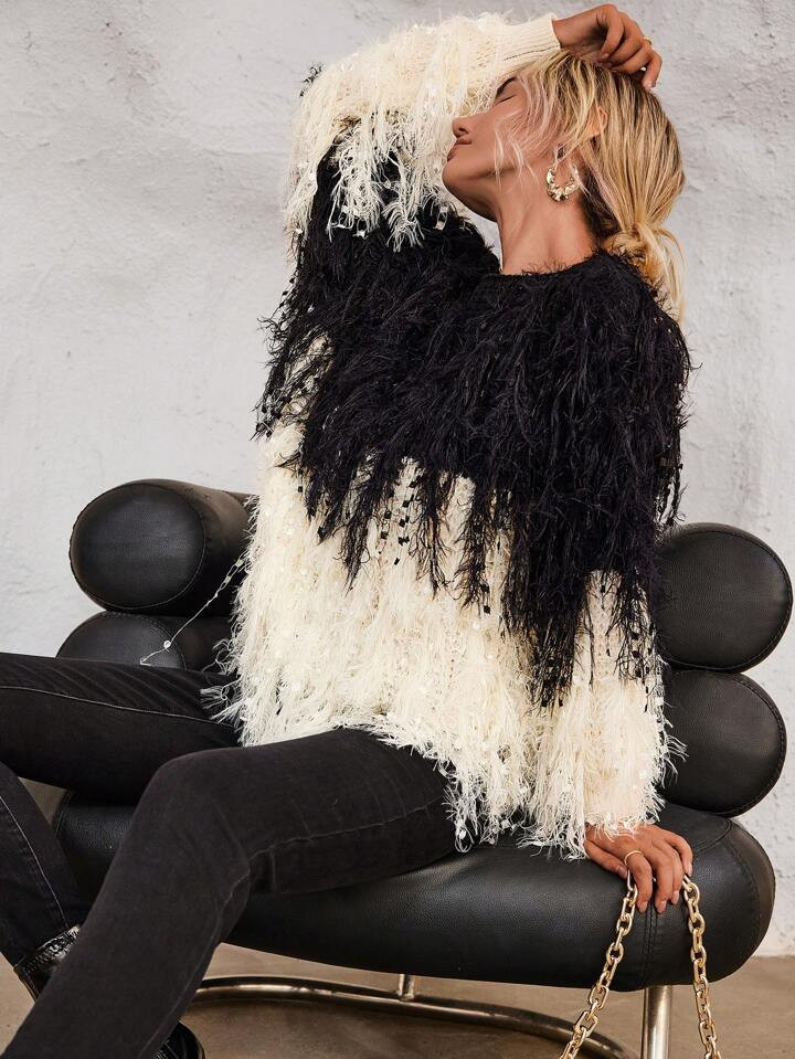 SHEIN Unity Two Tone Fringe Trim Drop Shoulder Sweater | SHEIN