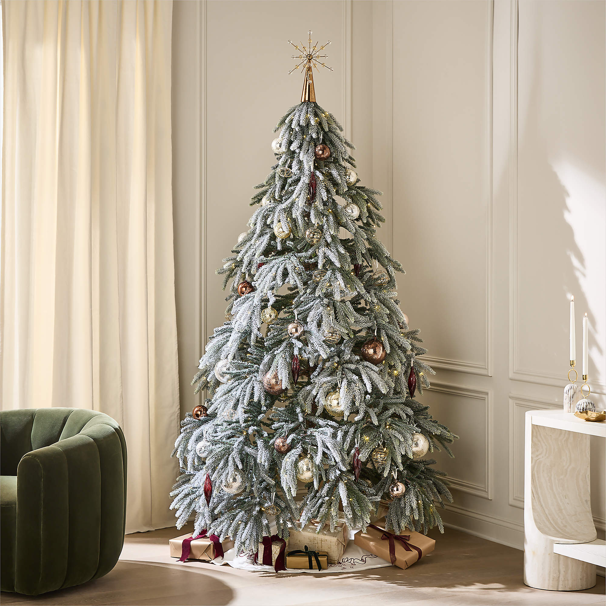 Faux Downswept Flocked Pine Pre-Lit LED Christmas Tree with Warm White Lights 7.5' + Reviews | CB... | CB2