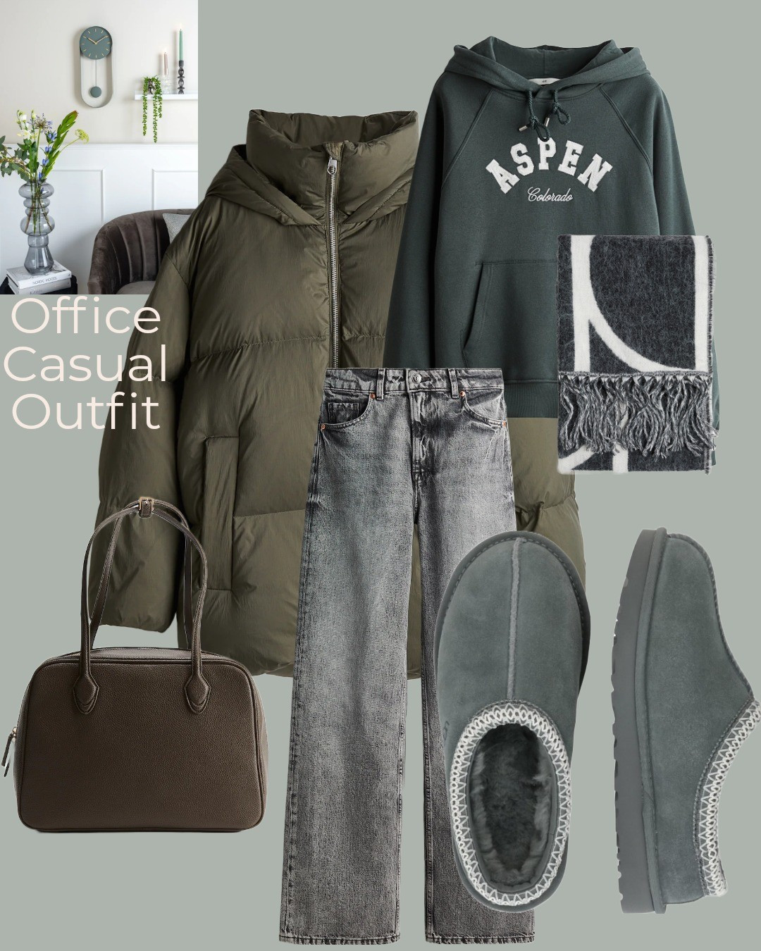 Office Casual Outfit: Blending comfort and casual sophistication, this outfit features a forest green hoodie under an olive puffer, paired with washed gray jeans. Accented by an earthy leather bag, cozy grey clogs, and a monochrome scarf, it's perfect for a relaxed yet polished look at the office.

#LTKstyletip #LTKwinter #LTKshoes