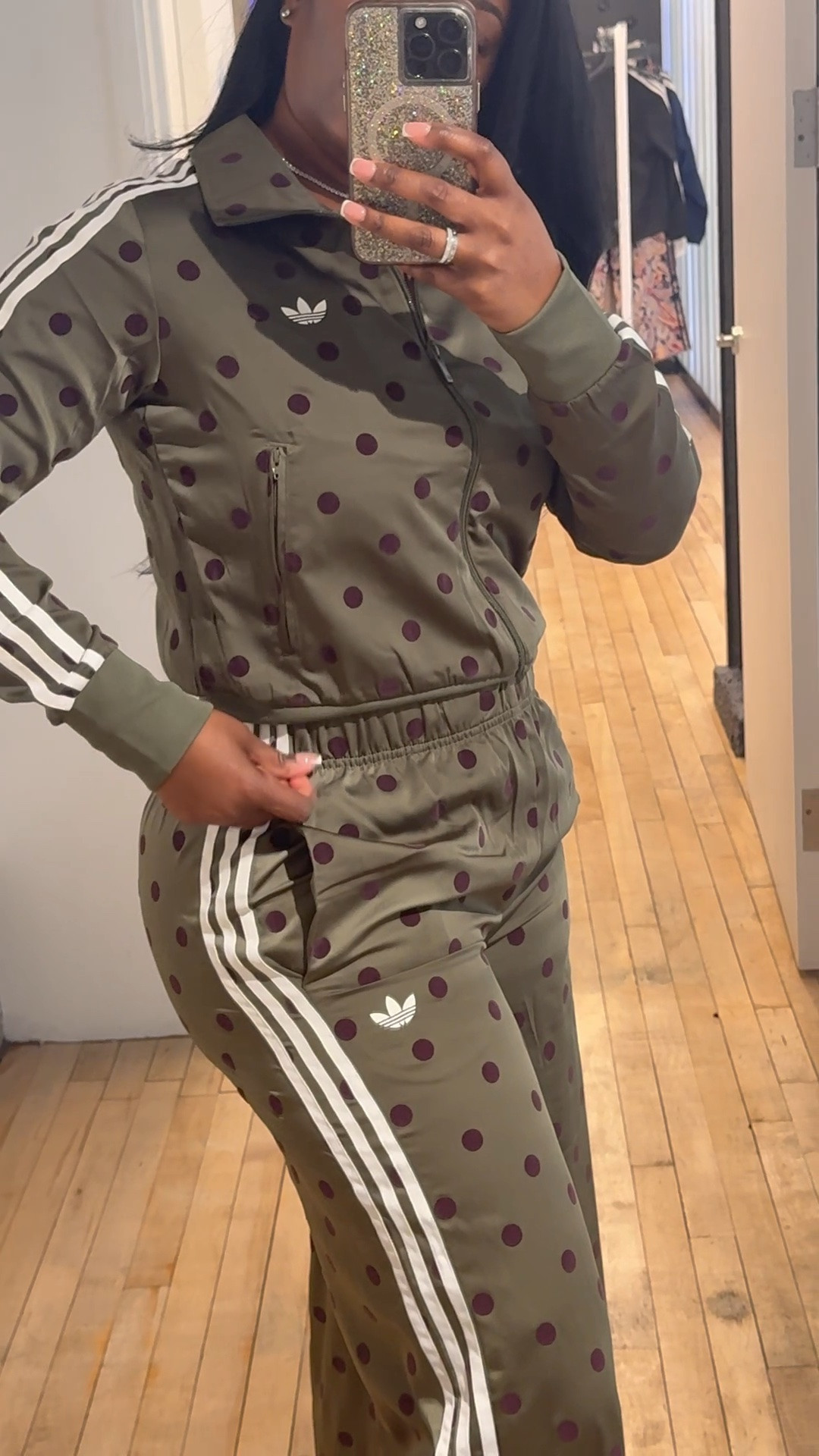 @adidas polka dot satin track suit sets available in 4 new colors. Green, Blue, pink and chocolate brown for fall 😍

#ltkstyle #outfitinspo

#LTKootd