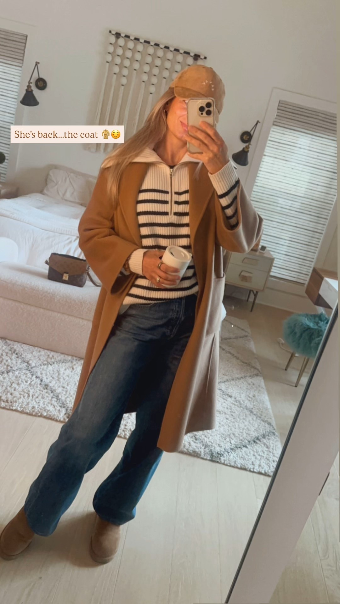 So cold today, the coat has entered the chat! 🧥 🥶 @onequince

*wearing coat and sweater small / jeans 26

#classicfalloutfit #timelesspieces #quietluxury #camelcoat #woolcoat #cashmere #denimoutfit #widelegjeans #momoutfit #casualcool #streestyle #stripedsweater #cozyknits #uggsoutfits


#LTKSeasonal #LTKdayinmylife #LTKCyberWeek