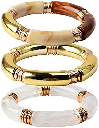 GOOJIDS Simple Beaded Gold Plated Bangles Bracelet Chunky Bamboo Tube Curved Stacking Clear Acryl... | Amazon (US)