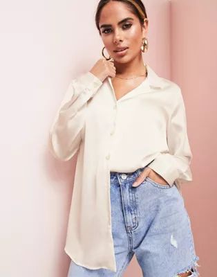 ASOS LUXE relaxed satin long sleeve shirt in oyster | ASOS (Global)
