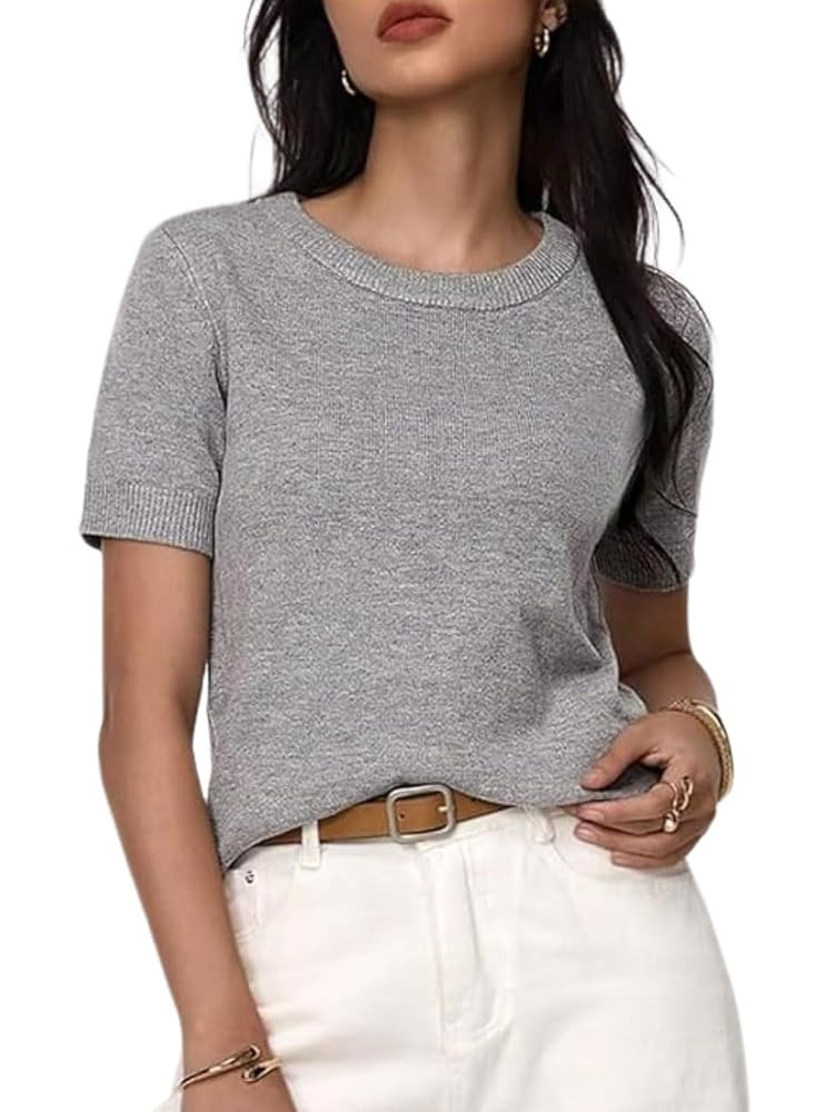 GORGLITTER Women's Short Sleeve Sweater Dressy Fall Sweaters 2025 Casual Crew Neck Knit Pullover ... | Amazon (US)