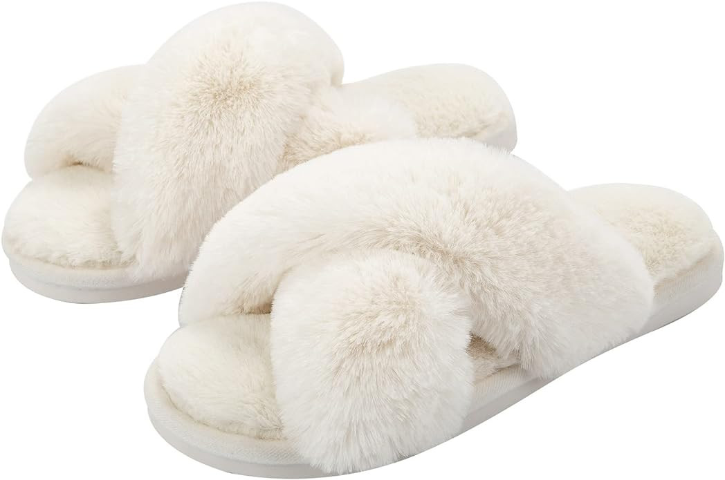 Metog Women's Fuzzy Slippers House Slippers Cross Band Slippers Indoor Outdoor Soft Open Toe Slip... | Amazon (US)