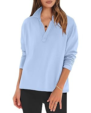 ANRABESS Women Long Sleeve Polo Shirts Casual V Neck Collared Boxy Fit Dressy Work Blouse Top Spr... | Amazon (US)