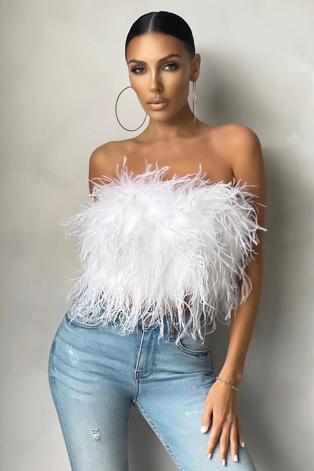 Dream Daze | White Feather Bandeau Crop Top | Club L London