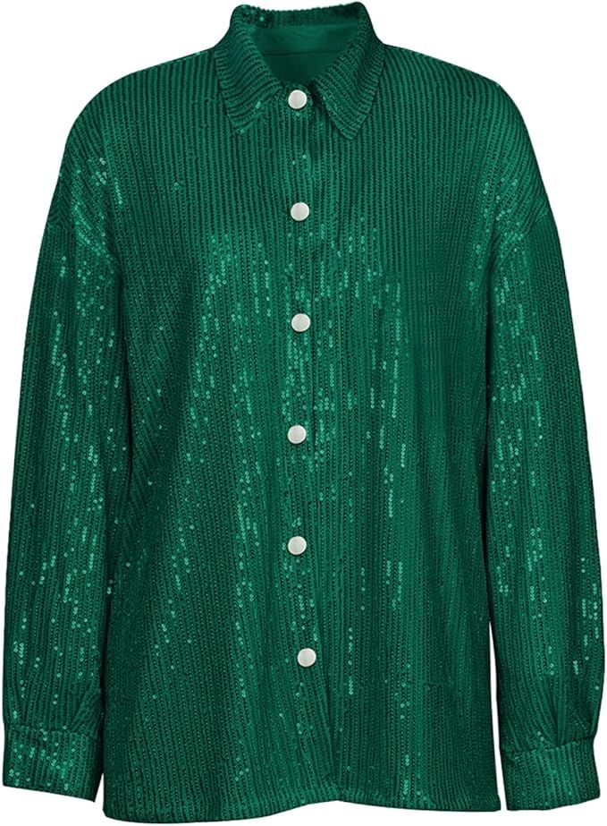 Aelidiya Sequin Button Down Shirt Blouse Long Sleeve Loose Glitter Tops Sparkle Shimmer Shirt Par... | Amazon (US)