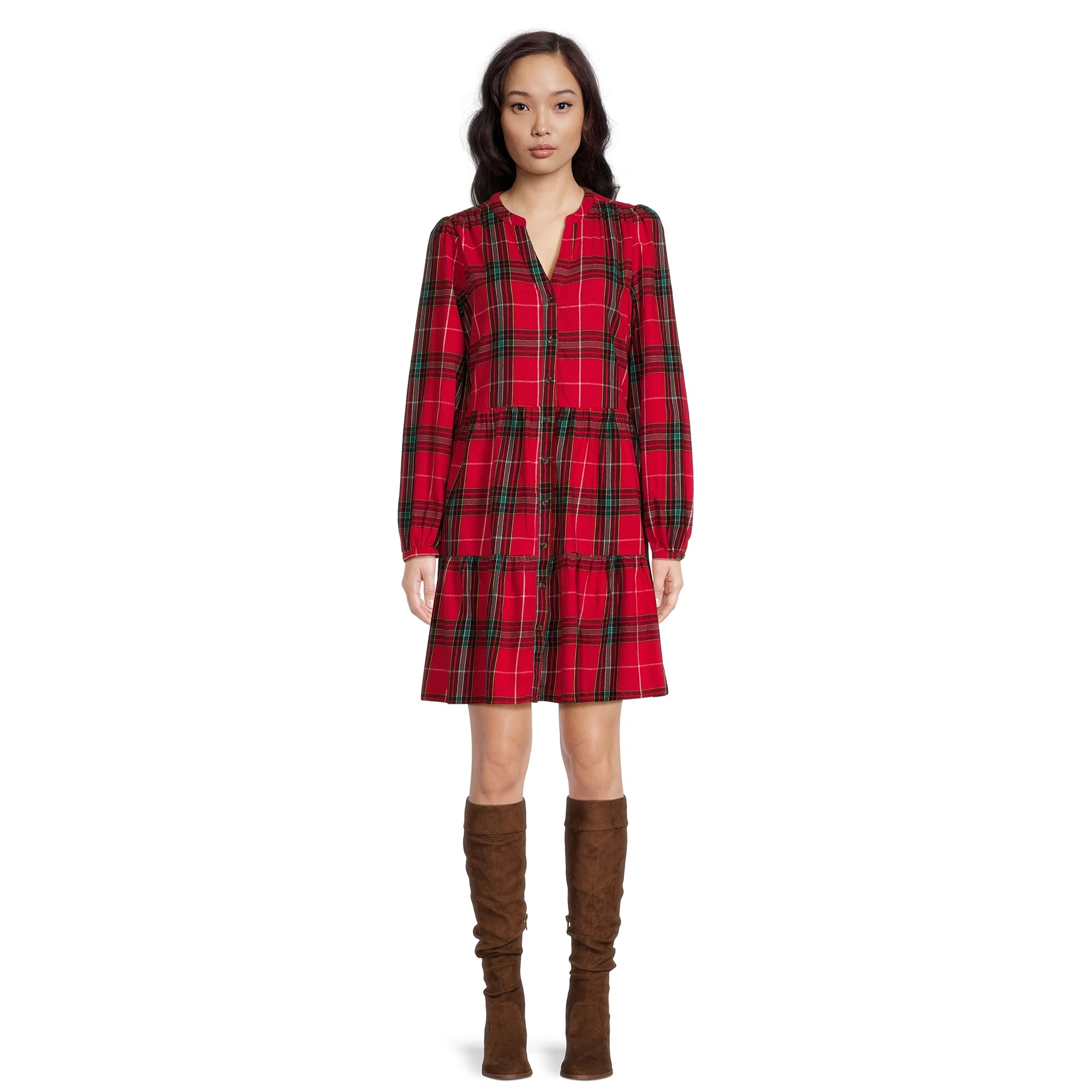 Time and Tru Women's Tiered Plaid Shirtdress with Puff Sleeves, Sizes XS-XXXL | Walmart (US)