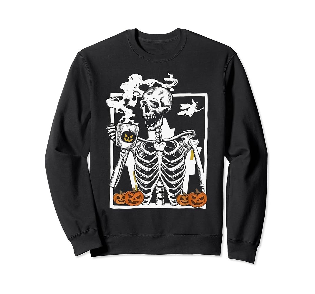 Hot Coffee Skeleton Drinking Funny Halloween Skull Pumpkin Sweatshirt | Amazon (US)