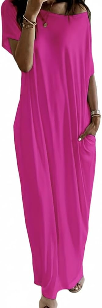 Women's Summer Off The Shoulder Maxi Lounge Dress Casual Loose Short Sleeve Cotton Beach Dress wi... | Amazon (US)