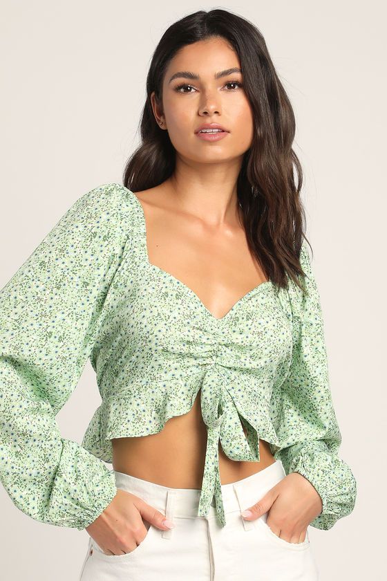 Henna Green Floral Print Long Sleeve Crop Top | Lulus (US)