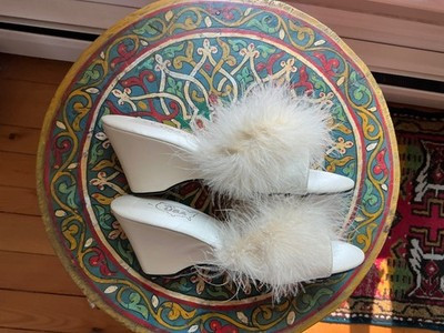VINTAGE CREAM MARABOU FEATHER BOUDOIR SLIPPERS  SATIN MULES WITH 3” HEELS SMALL | eBay CA