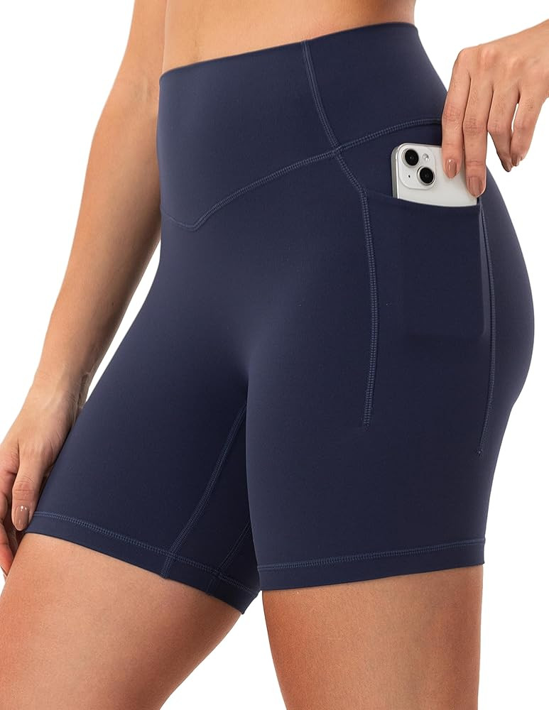YUNOGA HugMotion Womens High Waisted Biker Shorts with Pockets 6 Inches - No Front Seam Workout G... | Amazon (US)