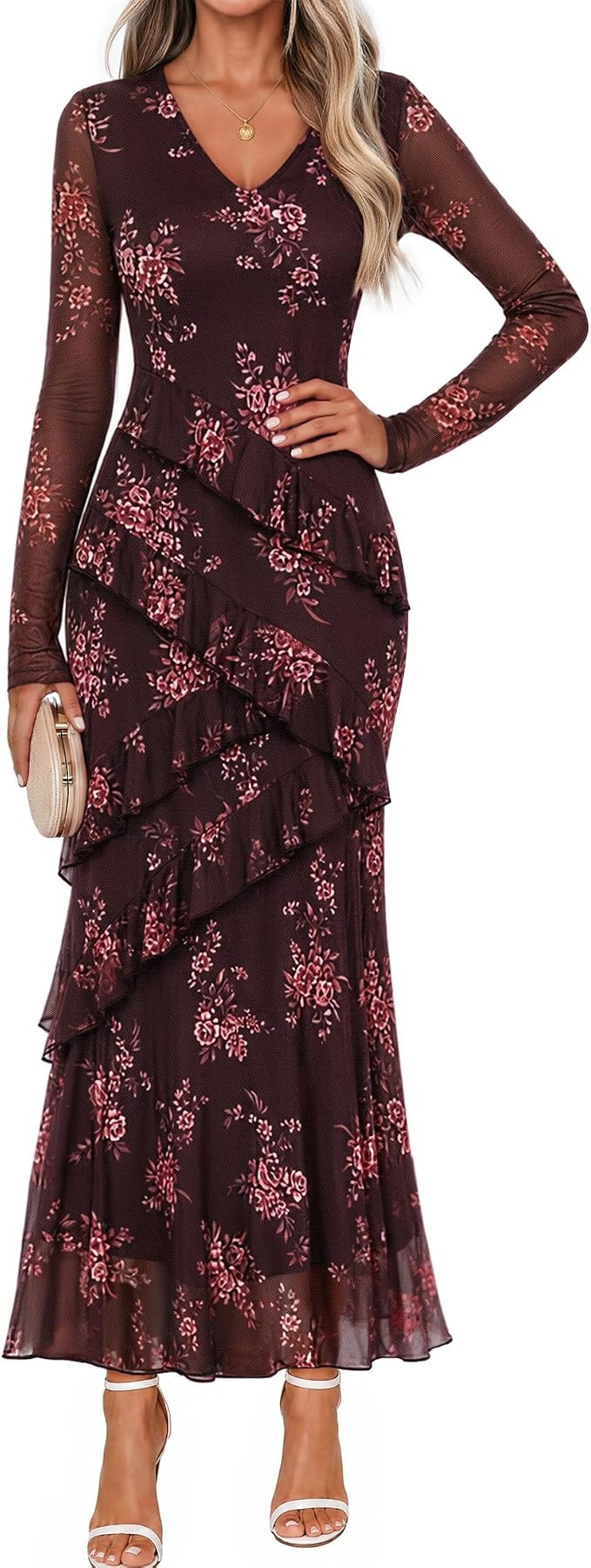 MEROKEETY Womens Fall Wedding Guest Floral Long Sleeve Bodycon Maxi Dress | Amazon (US)