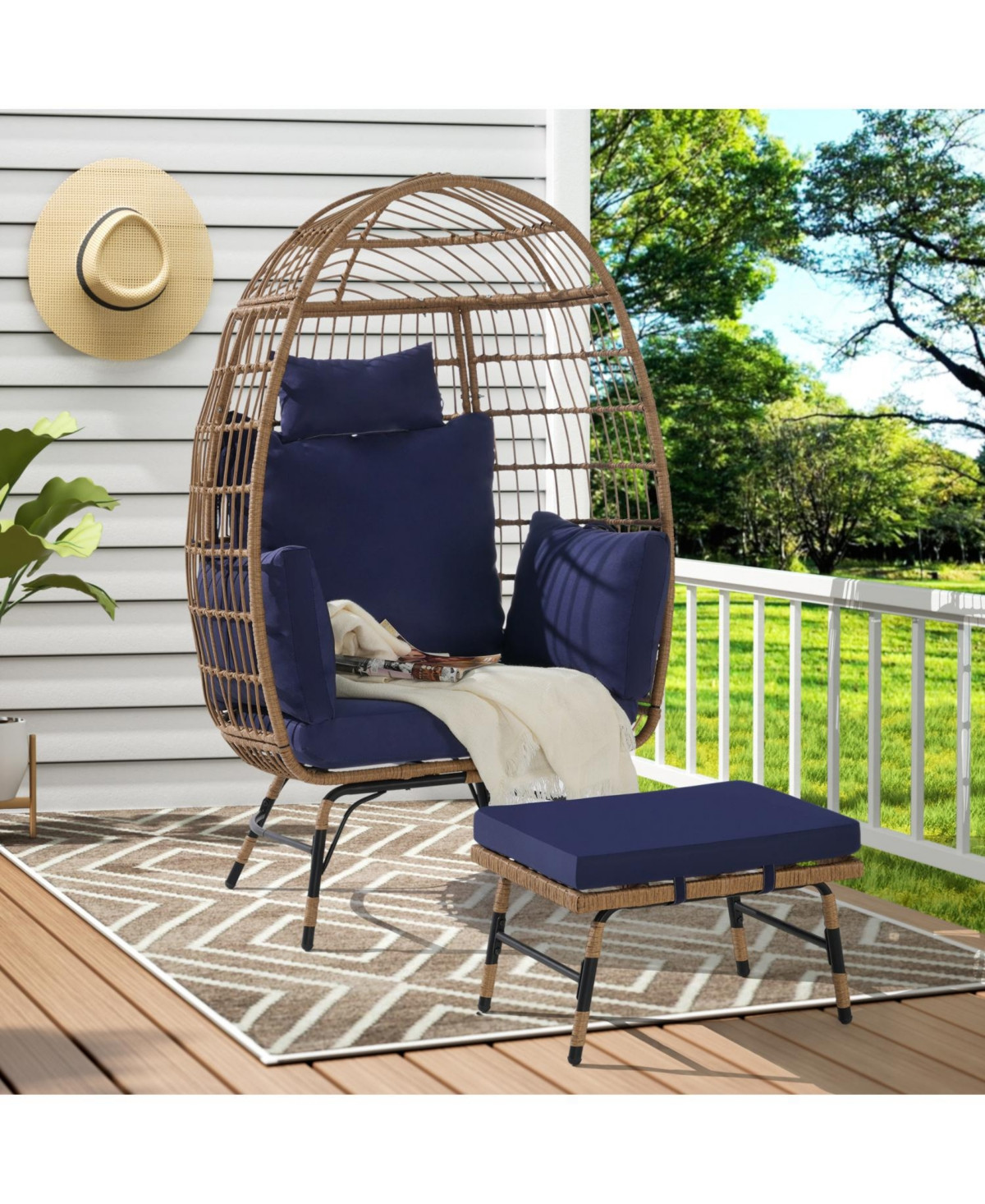 Streamdale Oversized Wicker Egg Chair with Ottoman - Dark blue | Macy's