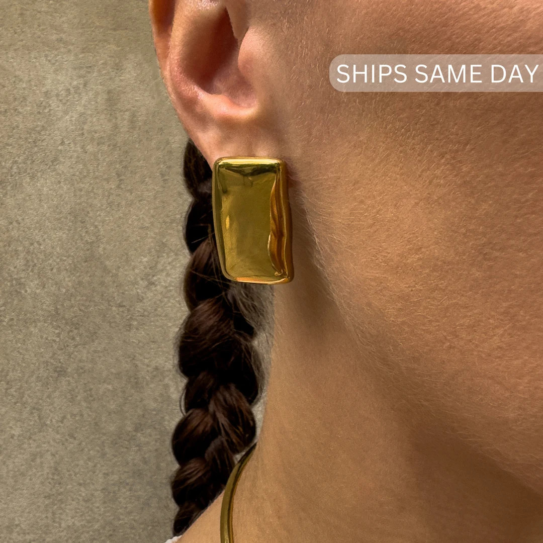 Rectangle Shaped Drop Earrings for Women, Stainless Steel, 18K Gold Plated, Chunky Square Earring... | Etsy (US)