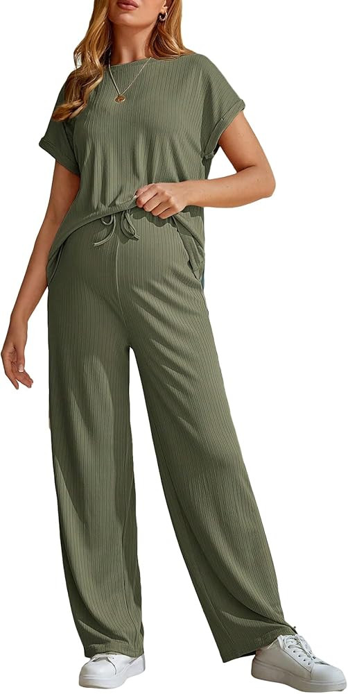 OYOANGLE Women's Maternity 2 Pieces Pajamas Short Sleeve T-Shirt Top and Pants Outfits Tracksuit ... | Amazon (US)