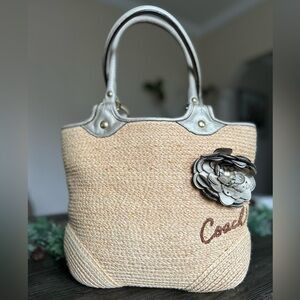 Coach Bleeker Natural Straw Metallic Bronze Floral Embroidered Logo Tote! | Poshmark