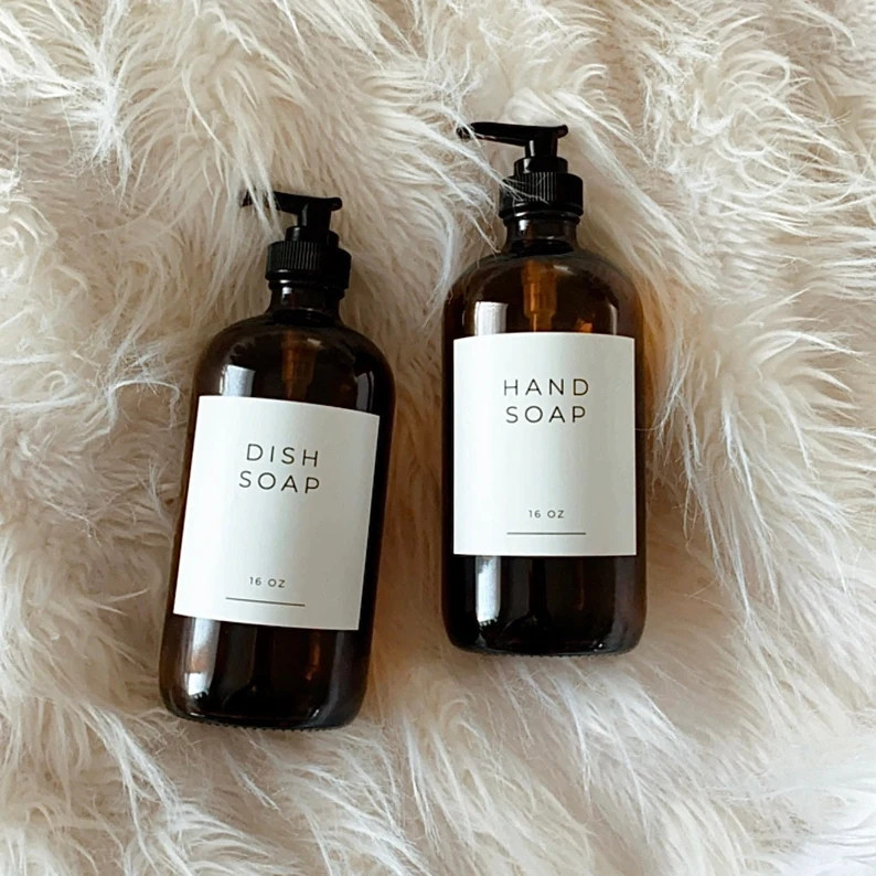 16oz Amber Glass Soap Bottle - Modern Style, Dish Soap Bottle With Waterproof Label or Hand Soap ... | Etsy (US)