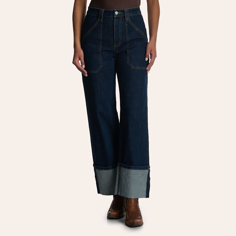 Mica Denim Women's Dark Wash High Rise Wide Leg Utility Pocket Cuffed Jeans | Cavender's