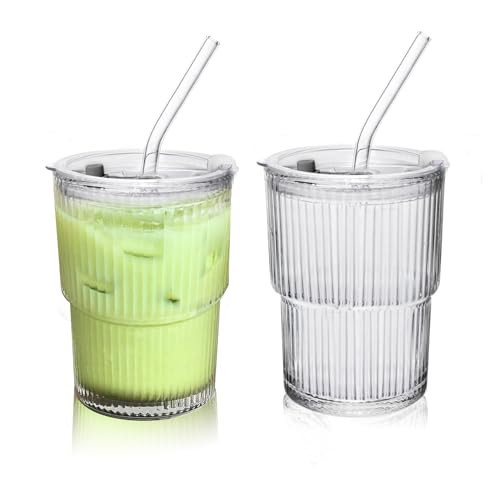 Lioong 2pcs Clear Glass Cups with Lids and Straws,Ice Coffee Cups With Lids,Glass Coffee Tumbler with Sip Lid,Glass Cups Go Traveling Coffee Mugs For Cold Drinks, Smoothie, Juice,Drinking (400ml) | Amazon (US)