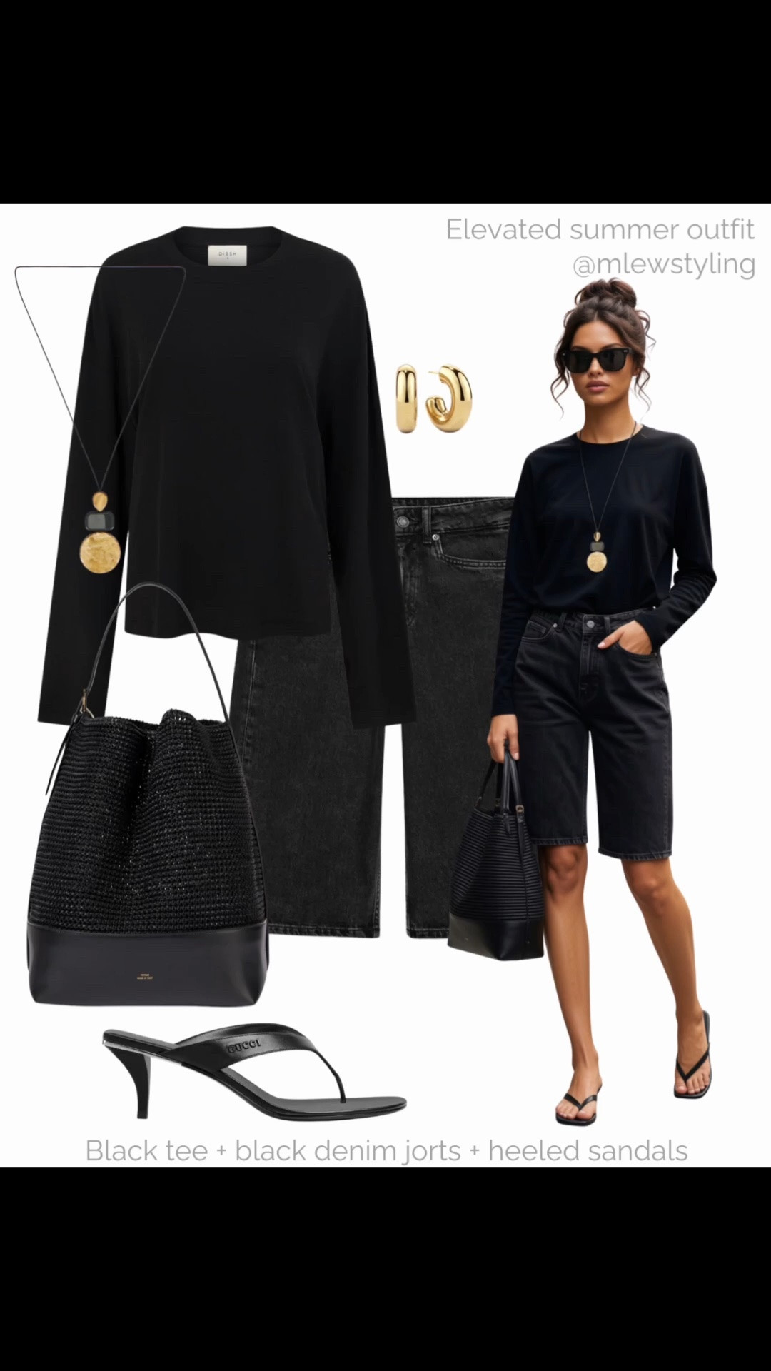 Black denim Bermuda shorts outfit 🖤

Tags: elevated summer outfit, long jean shorts, black tee, black raffia bag, Gucci heels, pendant necklace, summer transitional outfit

#LTKsummer #LTKbag #LTKshoes