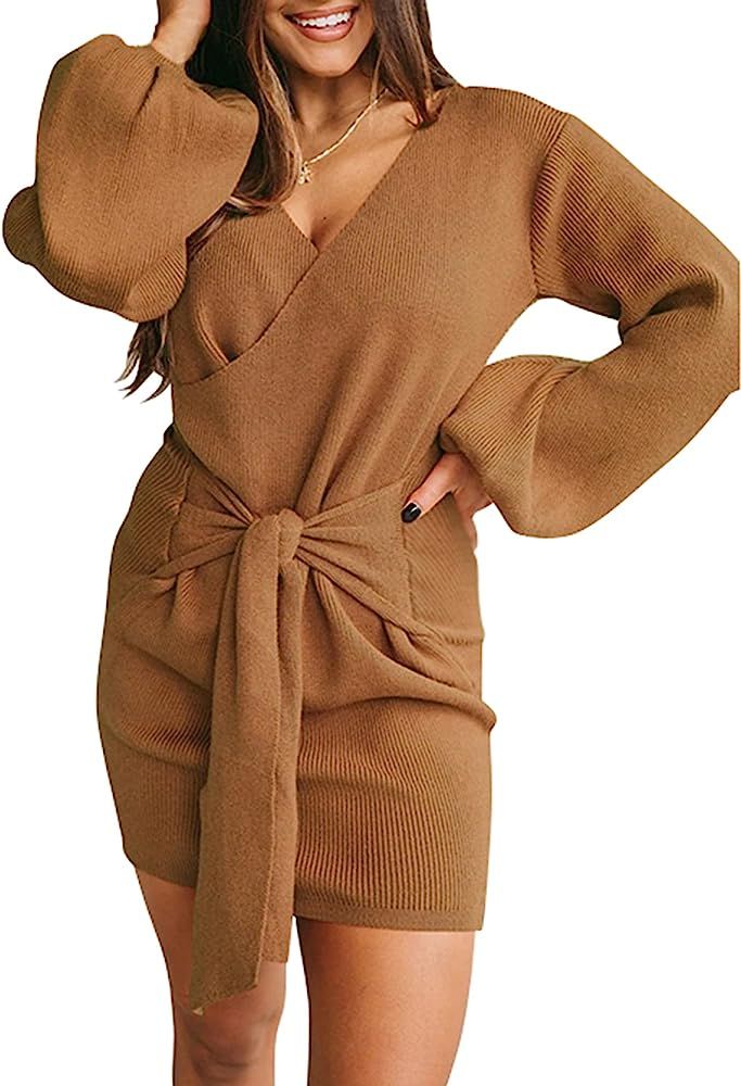 BerryGo Women's Sexy Deep V Neck Wrap Bodycon Sweater Dress Knitted Long Balloon Sleeve Tie Waist... | Amazon (US)