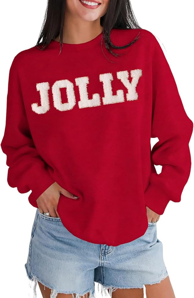 BOUTIKOME Merry Christmas Sweatshirts for Women Glitter Patch Merry Letter Shirts Chenille Patch ... | Amazon (US)