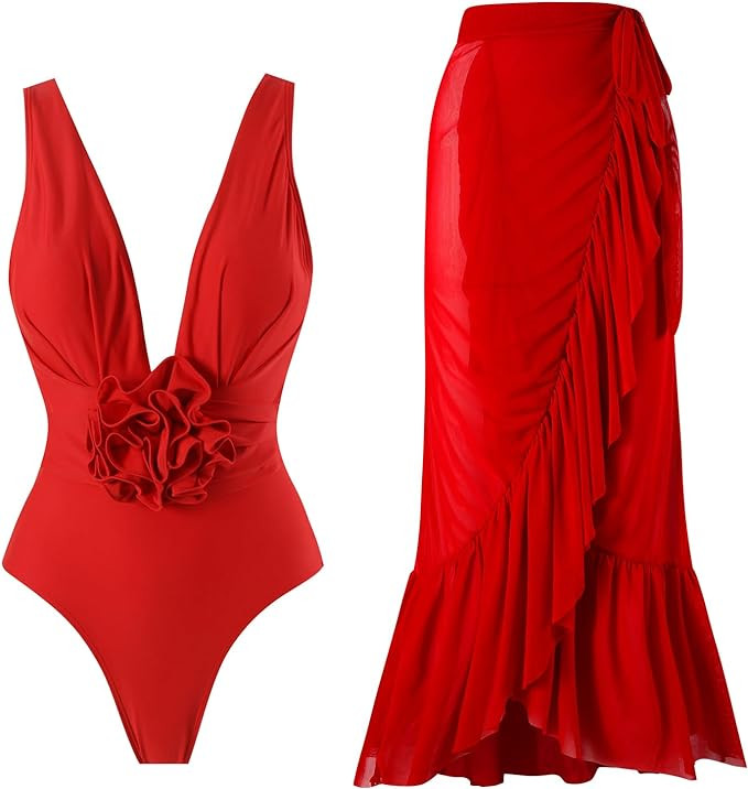 Women One-Piece Swimsuit with Cover up Wrap Skirt Sarong Bathing Suit Beach Outfit Summer | Amazon (US)