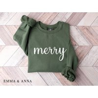 Merry Sweatshirt, Christmas Sweatshirt For Women, Shirt, Crewneck Sweater, Winter | Etsy (US)
