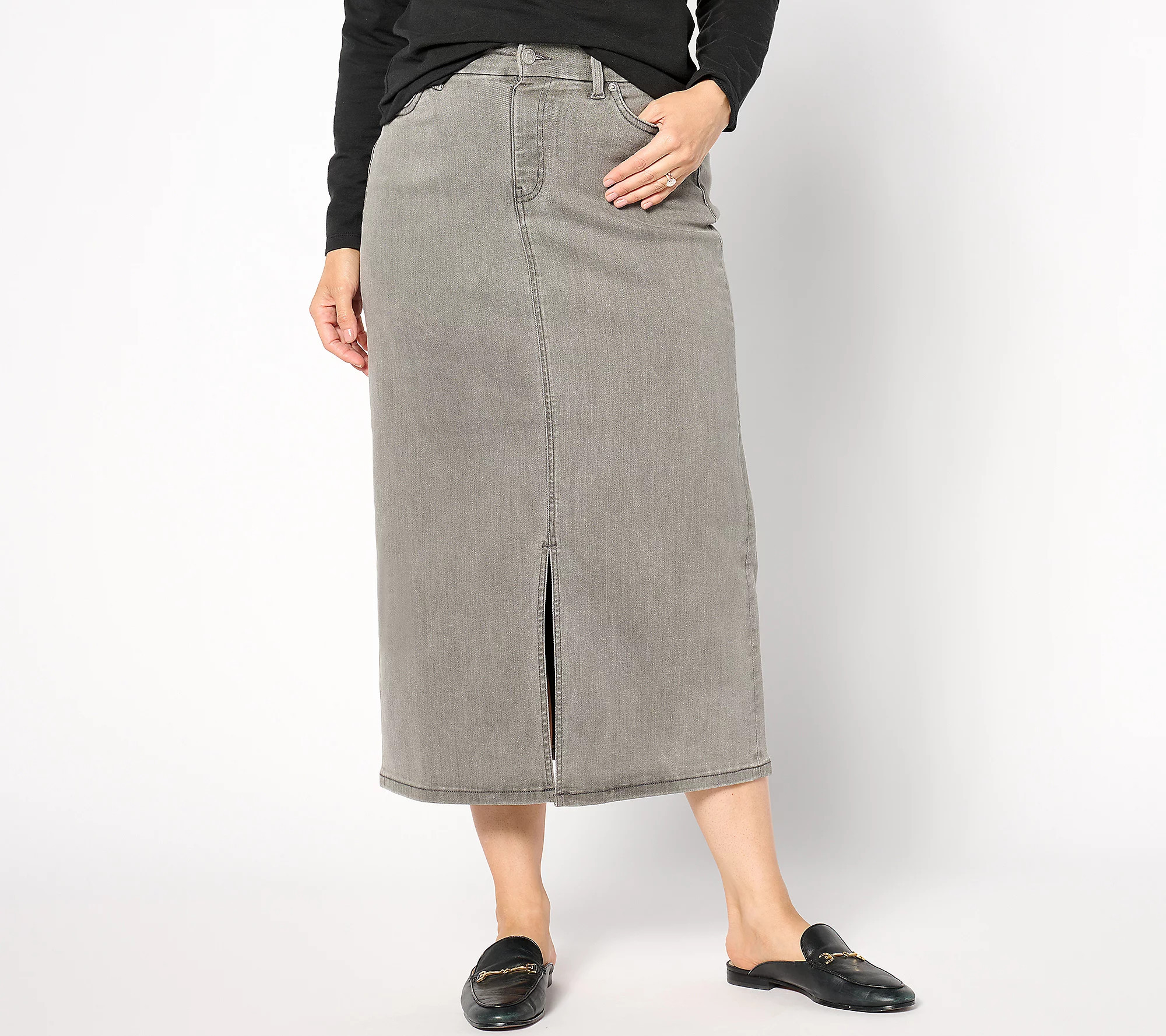 Denim & Co. Petite Grey Easy Stretch Denim Midi Skirt | QVC