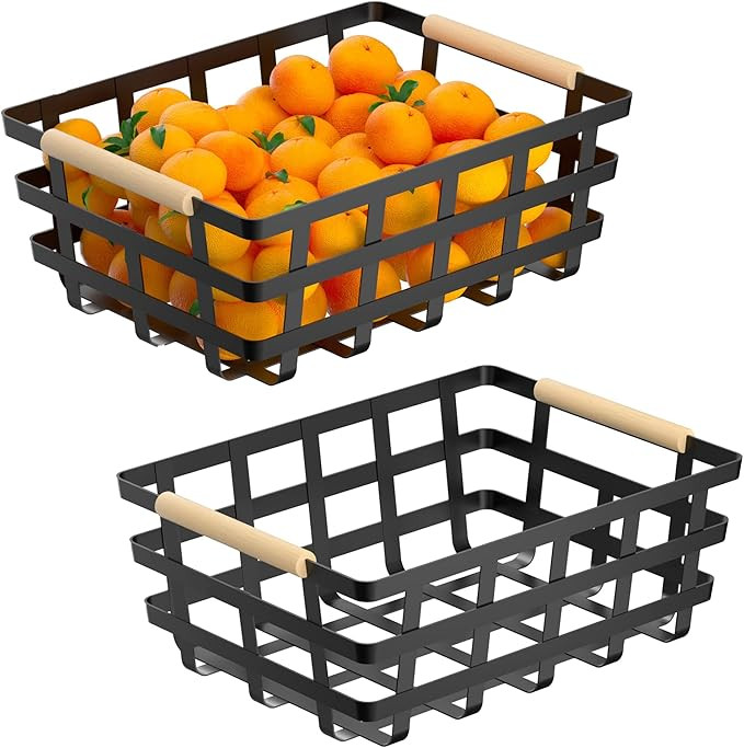 2 Pack X-Large Wire Metal Baskets Thick functional Storage Organizer Farmhouse fruit Bin with Woo... | Amazon (US)