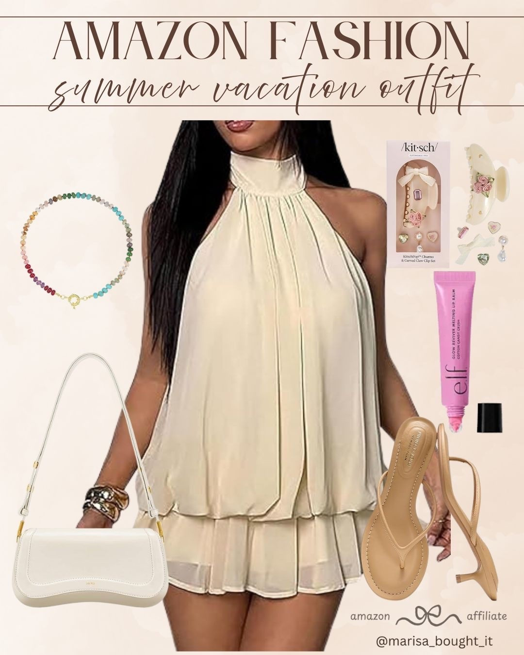Packing for your next getaway just got so much easier! ✈️

I adore this stunning cream halter neck tiered mini dress for an upscale dinner or beachside stroll. The neutral tones look incredibly elegant against the summer sun.

Style it beautifully with minimal kitten heel sandals, a sleek bag, and colorful beaded jewelry. 🐚🤎

#vacationfashion #summeroutfit #resortwear #neutralaesthetic #summerdress #dateoutfit #amazonfashion #travelstyle #styleinspo #chiclook

#LTKootd #LTKTravel #LTKSeasonal