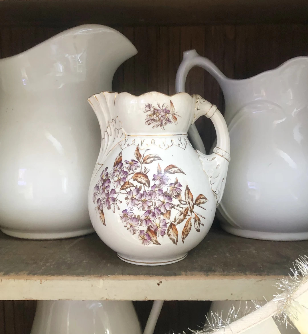 BROWN & PURPLE TRANSFERWARE Pitcher • Beautiful Unique Vintage Pitcher • Floral Design • Pe... | Etsy (US)