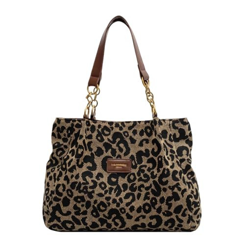 leopard cheetah print tote shoulder bag, canvas animal print chain handbag with zipper, y2k trendy fun everyday tote purses gifts for women | Amazon (US)