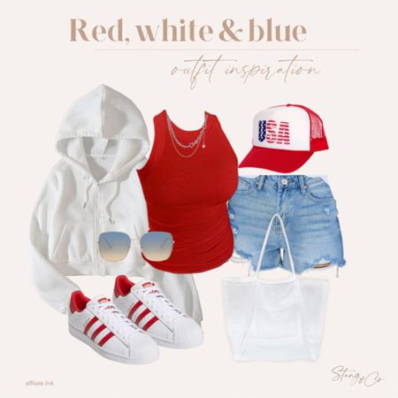 This outfit is perfect for 4th of July and includes a red tank and distressed denim shorts with a white hoodie sweatshirt, USA hat, red and white Adidas sneakers, a white tote bag, aviator sunglasses, and a layer stars necklace. 

Red white and blue, summer outfit, Amazon fashion, 4th of July outfit 

#LTKstyletip #LTKfindsunder50 #LTKshoecrush
