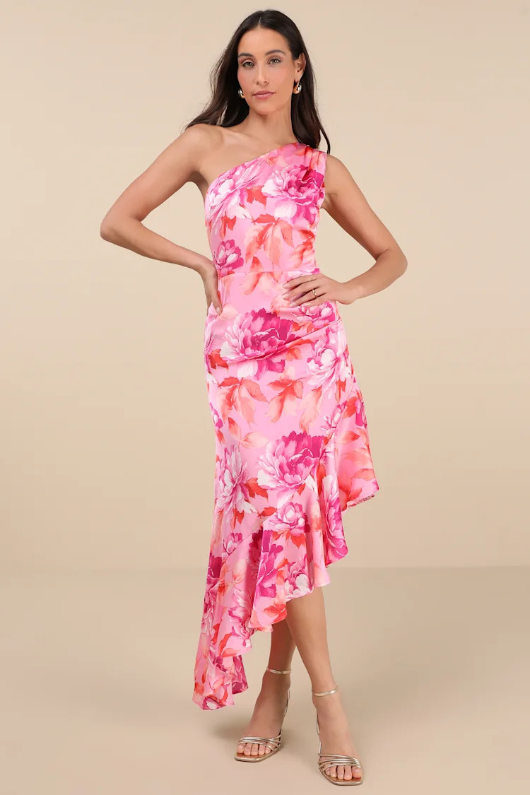 Divinely Blooming Pink Multi Floral One-Shoulder Midi Dress | Lulus