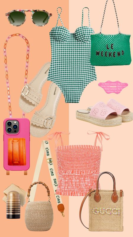 Sandals, Hunter bell, gingham top, gingham swimsuit, j crew swimsuit on sale! Gucci sandals, the skinny confidential mouth tape, dive status stick, Clare v le weekend lete tote in green, urban stems double peonies, Larroude ivy broderie slides, Gucci mini logo raffia tote bag, Clare v tuckernuck bamboo handle bag with adjustable strap! J.Crew falconet, underwire, one piece, swimsuit and gingham, krewe Cameron in poppy, the caep neon pink iPhone case with universal hook for chain phone strap. Pink and orange acrylic phone case chain strap  

#LTKItBag #LTKShoeCrush #LTKBeauty