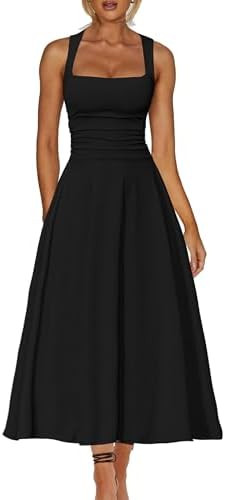 Kaximil Women's Square Neck Corset A Line Maxi Dress Ruffle Ruched Waist Flowy Long Dresses | Amazon (US)