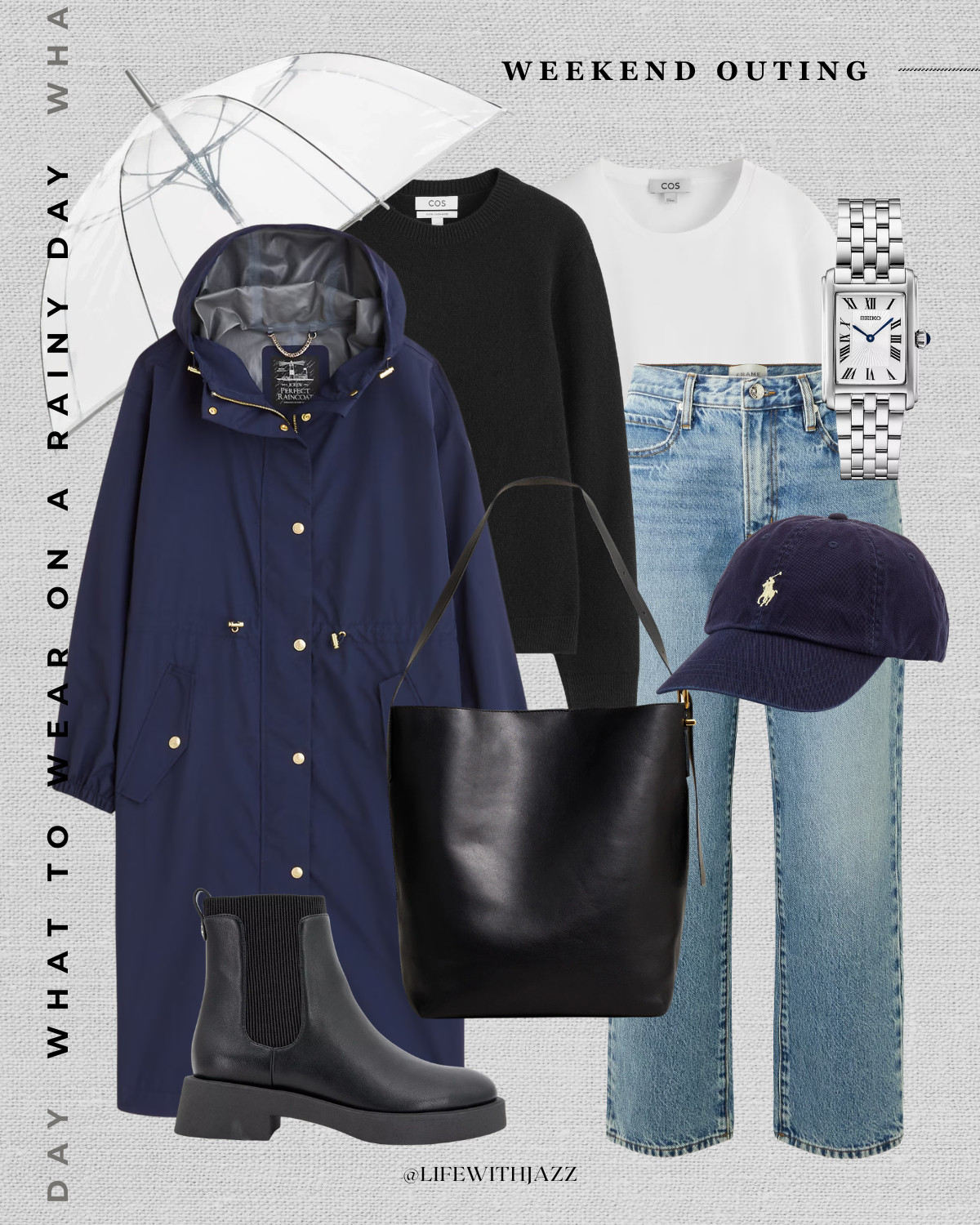 rainy day spring outfit inspo 

jcrew navy waterproof coat jacket / black cashmere sweater / tee / agolde jeans / polo ralph lauren hat / madewell the bucket tote / waterproof lug sole boots / seiko watch / weekend outfit 

 

#LTKootd