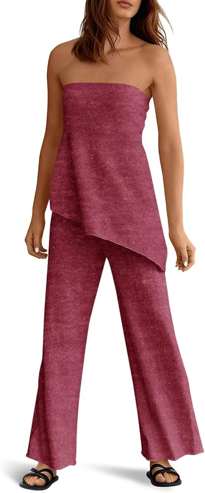 Tankaneo Womens 2 Piece Outfits Asymmetrical Tube Top Wide Leg Pants Knit Vacation Travel 2026 Ma... | Amazon (US)