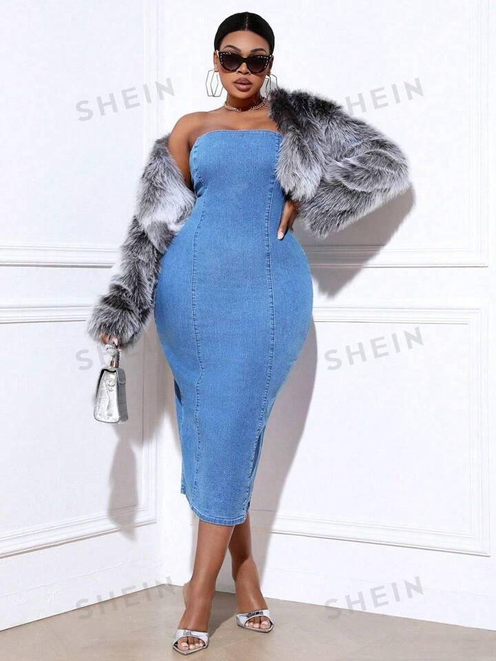 SHEIN SXY Plus Size Strapless Denim Dress With Slit Back | SHEIN